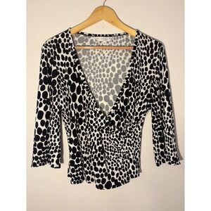 Trina Turk Los Angeles Womens Large Black White Dot Wrap Top V-Neck Rayon Sz L